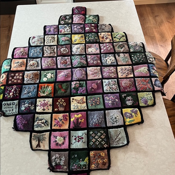 Vintage Botanical Crochet Granny Square Afghan blanket hand embroidery flowers